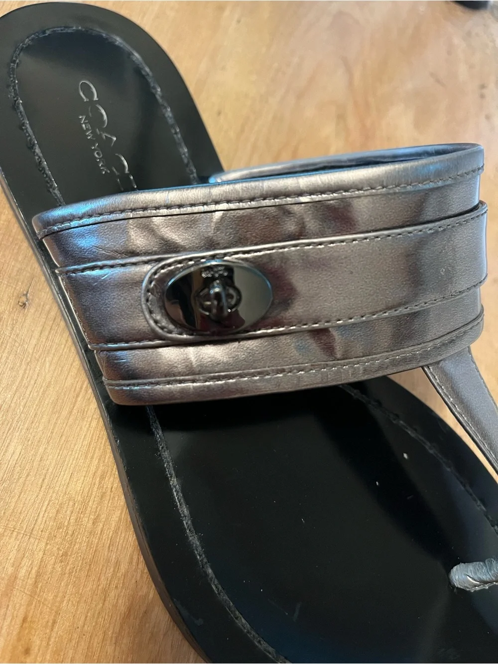 Coach Metallic Iridescent Leather Thong Sandals in Pewter Black